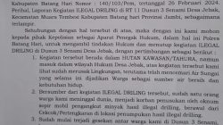 Kepala Desa Jebak Surati Kapolres Batang hari, Agar untuk Menghentikan Kegiatan Ilegal Driling Di dusun Senami